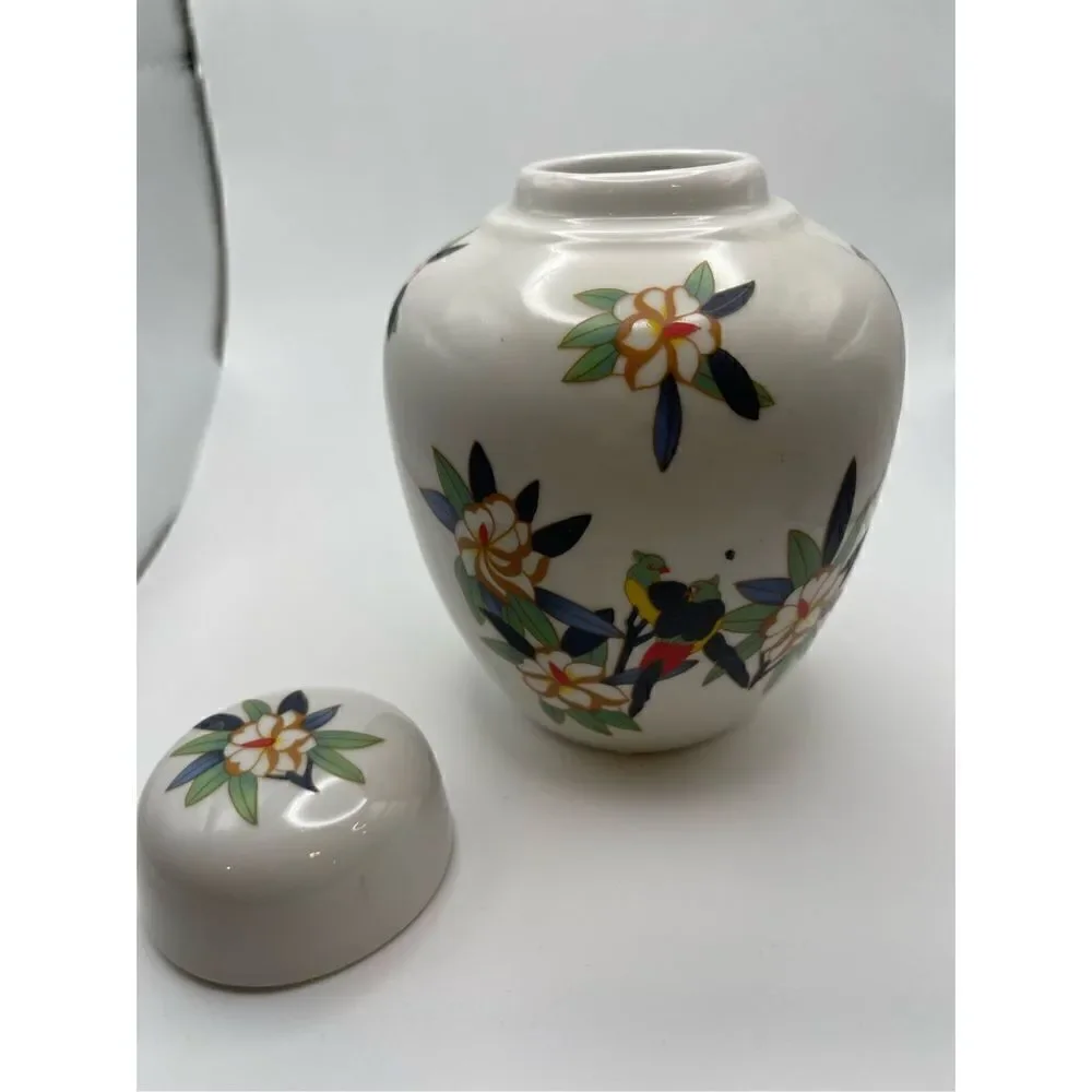 Vintage ginger jar birds flowers very colorful